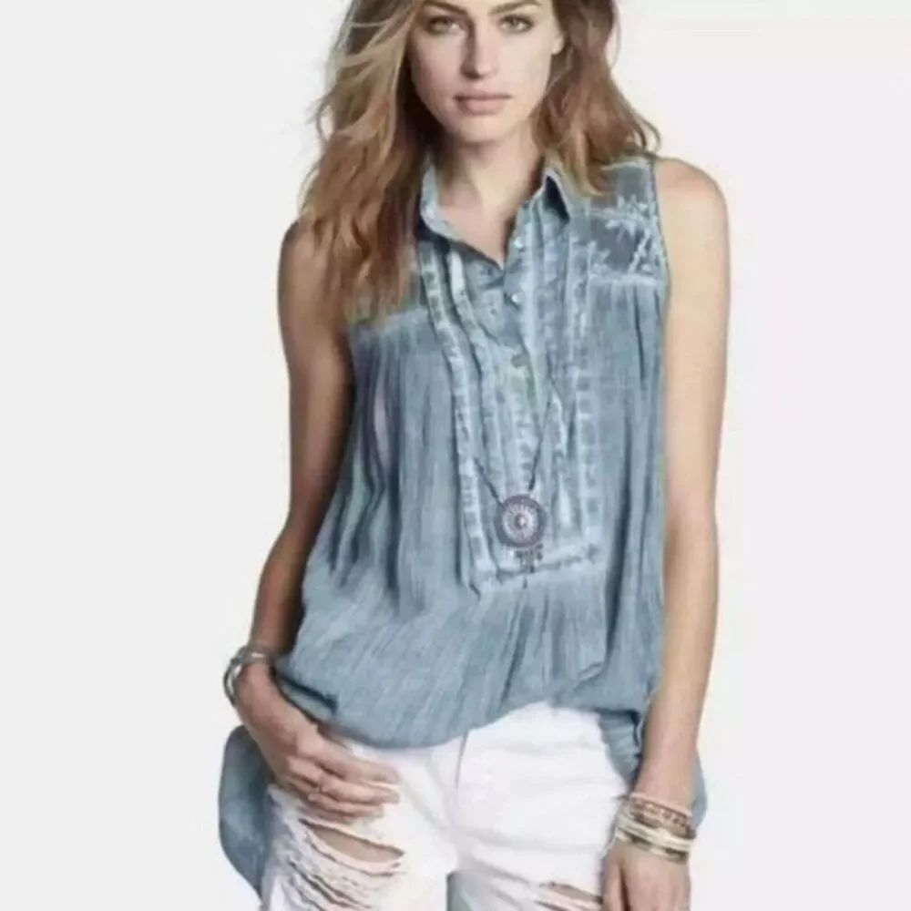 Free People Sleeveless Crinkle Cotton Tunic Top Size XS Teal Western Hippie Chic